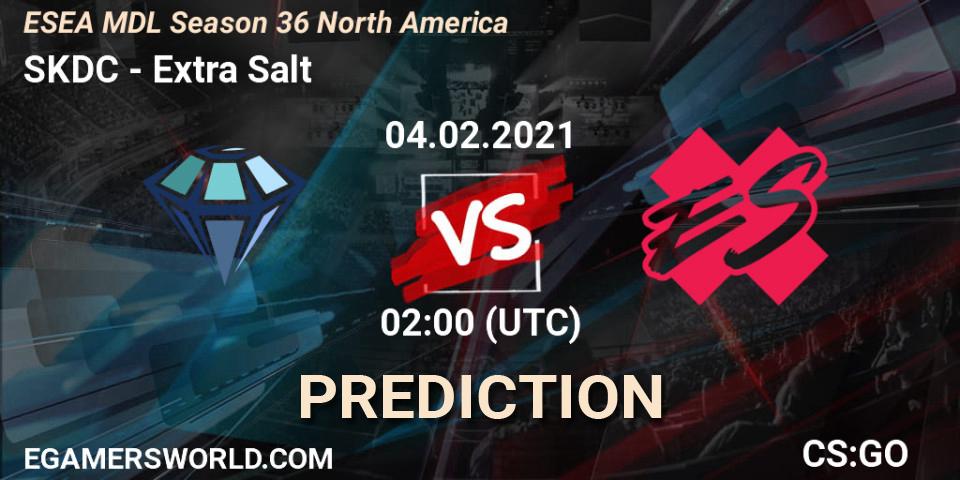 SKDC vs Extra Salt: Betting TIp, Match Prediction. 04.02.2021 at 02:00. Counter-Strike (CS2), MDL ESEA Season 36: North America - Premier Division