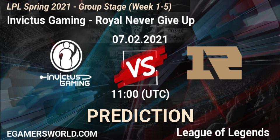 Invictus Gaming vs Royal Never Give Up: Betting TIp, Match Prediction. 07.02.2021 at 12:08. LoL, LPL Spring 2021 - Group Stage (Week 1-5)