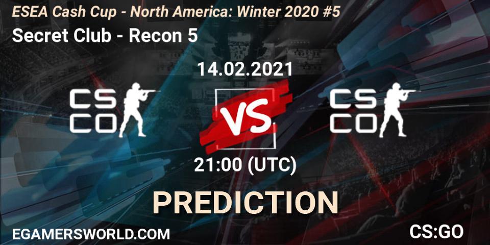 Secret Club vs Recon 5: Betting TIp, Match Prediction. 14.02.2021 at 21:00. Counter-Strike (CS2), ESEA Cash Cup - North America: Winter 2020 #5