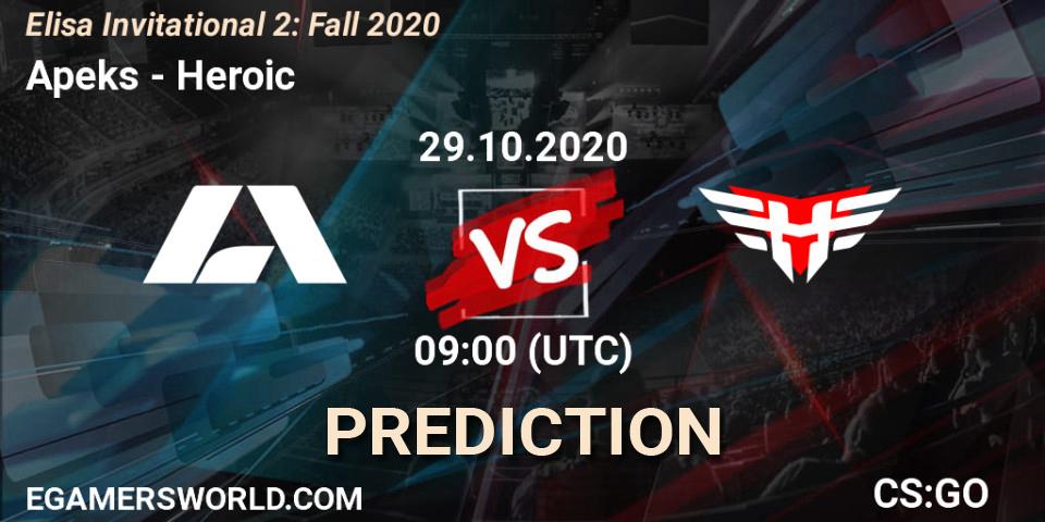 Apeks vs Heroic: Betting TIp, Match Prediction. 29.10.2020 at 09:00. Counter-Strike (CS2), Elisa Invitational Fall 2020