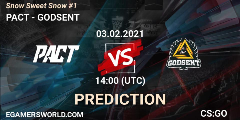 PACT vs GODSENT: Betting TIp, Match Prediction. 03.02.2021 at 14:25. Counter-Strike (CS2), Snow Sweet Snow #1
