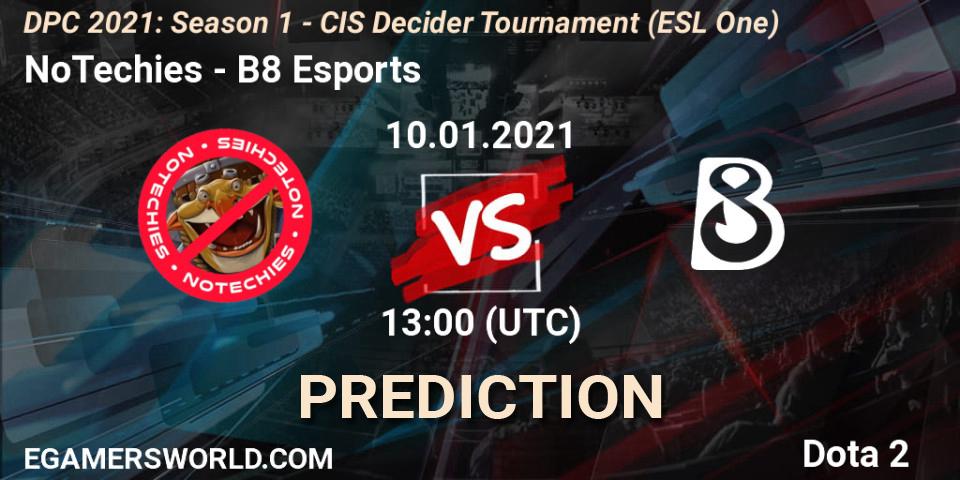 NoTechies vs B8 Esports: Betting TIp, Match Prediction. 10.01.2021 at 13:00. Dota 2, DPC 2021: Season 1 - CIS Decider Tournament (ESL One)