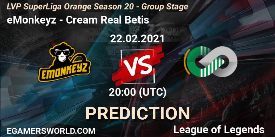 eMonkeyz vs Cream Real Betis: Betting TIp, Match Prediction. 22.02.2021 at 20:00. LoL, LVP SuperLiga Orange Season 20 - Group Stage