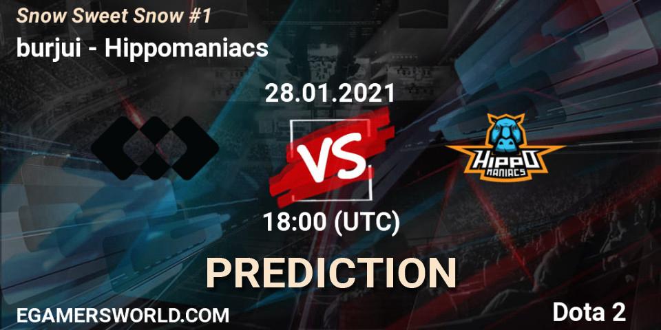 burjui vs Hippomaniacs: Betting TIp, Match Prediction. 28.01.2021 at 18:01. Dota 2, Snow Sweet Snow #1