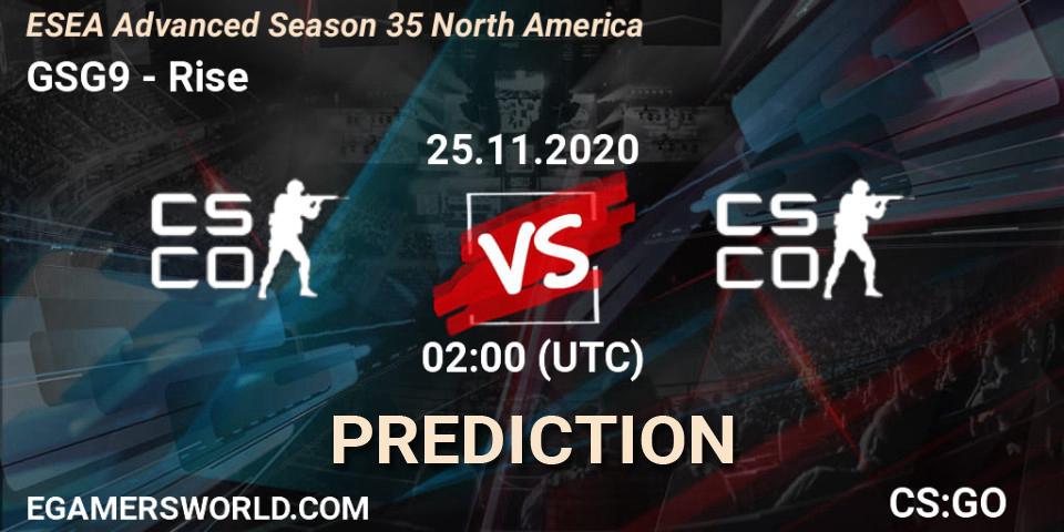 GSG9 vs Rise: Betting TIp, Match Prediction. 25.11.2020 at 02:00. Counter-Strike (CS2), ESEA Advanced Season 35 North America