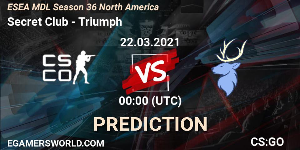 Secret Club vs Triumph: Betting TIp, Match Prediction. 21.03.2021 at 23:00. Counter-Strike (CS2), MDL ESEA Season 36: North America - Premier Division