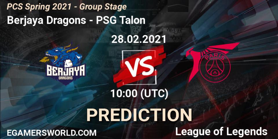 Berjaya Dragons vs PSG Talon: Betting TIp, Match Prediction. 28.02.2021 at 10:00. LoL, PCS Spring 2021 - Group Stage
