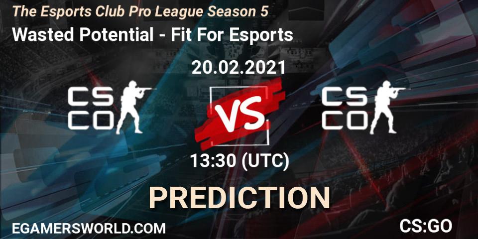 Wasted Potential vs Fit For Esports: Betting TIp, Match Prediction. 20.02.2021 at 13:30. Counter-Strike (CS2), The Esports Club Pro League Season 5