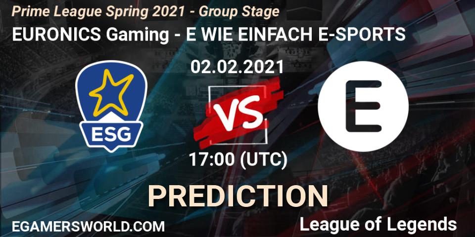 EURONICS Gaming vs E WIE EINFACH E-SPORTS: Betting TIp, Match Prediction. 02.02.21. LoL, Prime League Spring 2021 - Group Stage