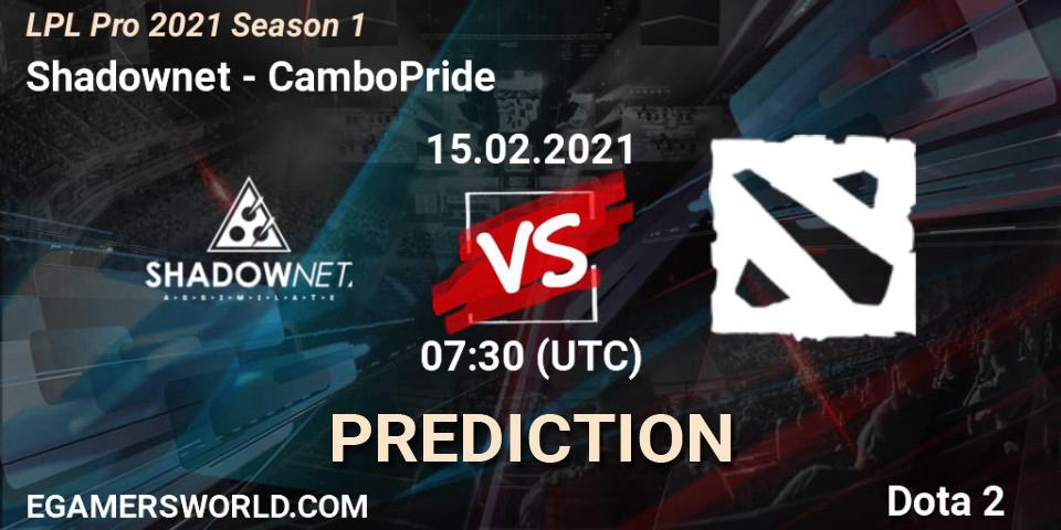 Shadownet vs CamboPride: Betting TIp, Match Prediction. 15.02.2021 at 07:35. Dota 2, LPL Pro 2021 Season 1