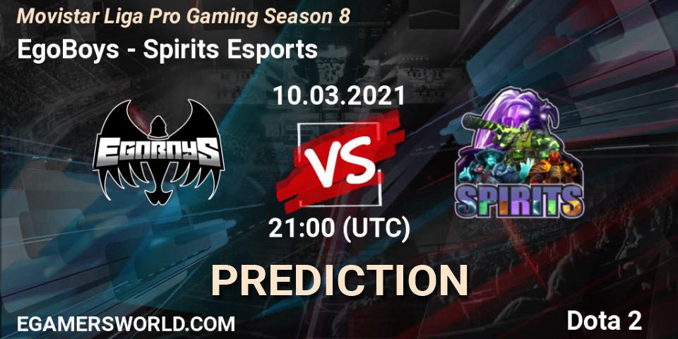 EgoBoys vs Spirits Esports: Betting TIp, Match Prediction. 10.03.2021 at 21:05. Dota 2, Movistar Liga Pro Gaming Season 8