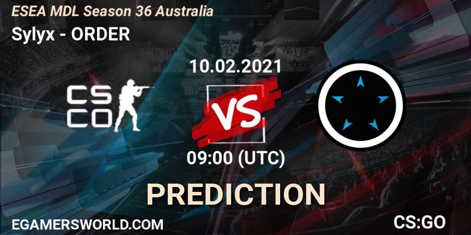 Sylyx vs ORDER: Betting TIp, Match Prediction. 10.02.2021 at 09:00. Counter-Strike (CS2), MDL ESEA Season 36: Australia - Premier Division