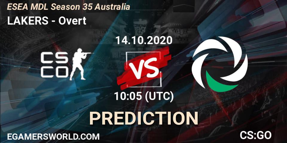 LAKERS vs Overt: Betting TIp, Match Prediction. 14.10.2020 at 10:05. Counter-Strike (CS2), ESEA MDL Season 35 Australia