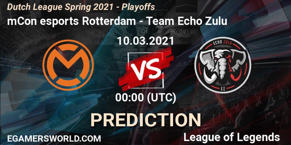 mCon esports Rotterdam vs Team Echo Zulu: Betting TIp, Match Prediction. 10.03.2021 at 18:00. LoL, Dutch League Spring 2021 - Playoffs