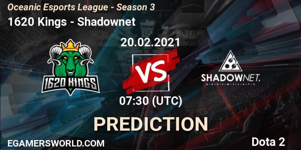 1620 Kings vs Shadownet: Betting TIp, Match Prediction. 18.02.2021 at 07:29. Dota 2, Oceanic Esports League - Season 3