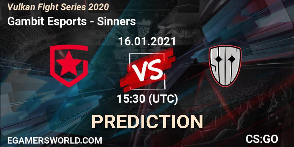 Gambit Esports vs Sinners: Betting TIp, Match Prediction. 16.01.2021 at 15:30. Counter-Strike (CS2), Vulkan Fight Series 2020