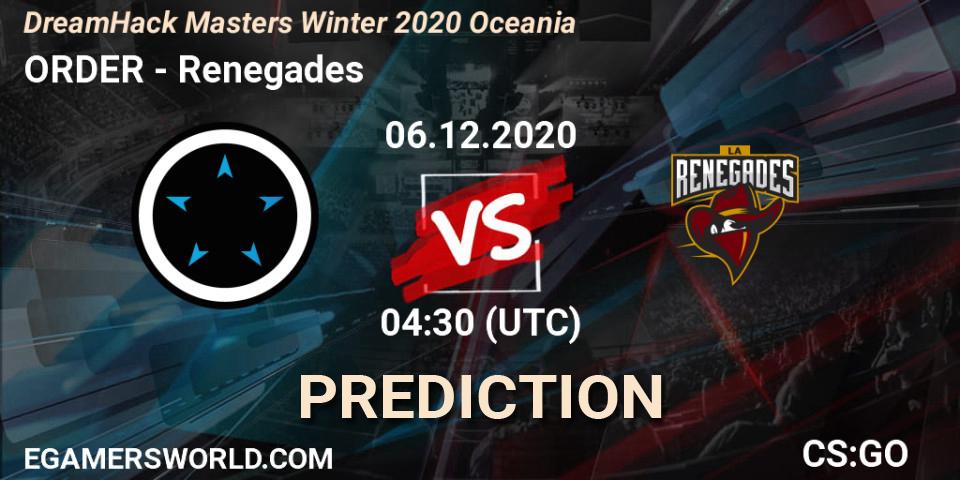 ORDER vs Renegades: Betting TIp, Match Prediction. 06.12.2020 at 04:30. Counter-Strike (CS2), DreamHack Masters Winter 2020 Oceania