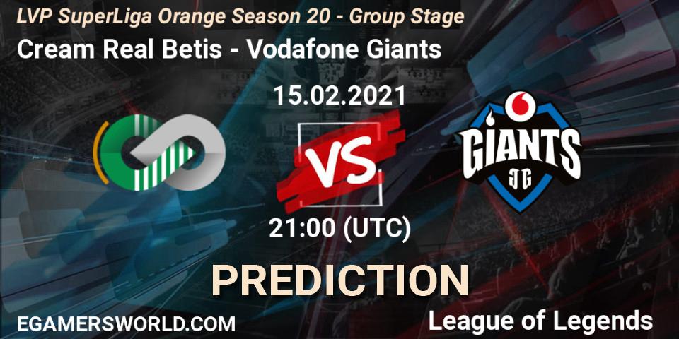 Cream Real Betis vs Vodafone Giants: Betting TIp, Match Prediction. 15.02.2021 at 21:15. LoL, LVP SuperLiga Orange Season 20 - Group Stage