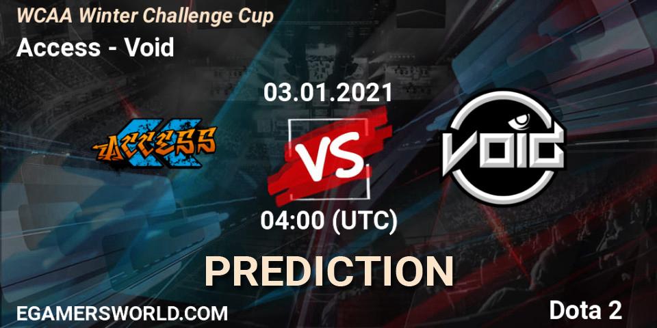 Access vs Void: Betting TIp, Match Prediction. 03.01.2021 at 04:28. Dota 2, WCAA Winter Challenge Cup