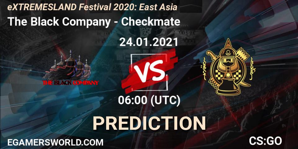 The Black Company vs Checkmate: Betting TIp, Match Prediction. 24.01.2021 at 06:00. Counter-Strike (CS2), eXTREMESLAND Festival 2020: East Asia