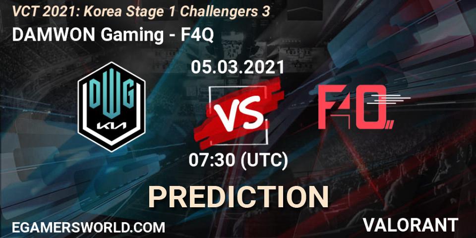 DAMWON Gaming vs F4Q: Betting TIp, Match Prediction. 05.03.2021 at 07:30. VALORANT, VCT 2021: Korea Stage 1 Challengers 3