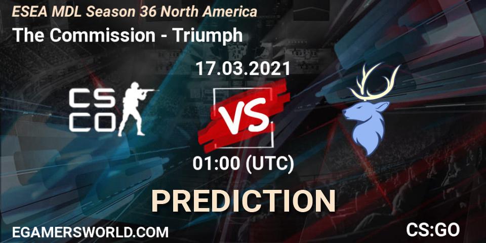 The Commission vs Triumph: Betting TIp, Match Prediction. 17.03.2021 at 01:00. Counter-Strike (CS2), MDL ESEA Season 36: North America - Premier Division