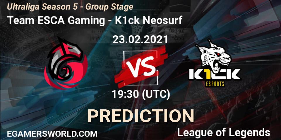 Team ESCA Gaming vs K1ck Neosurf: Betting TIp, Match Prediction. 23.02.2021 at 19:30. LoL, Ultraliga Season 5 - Group Stage