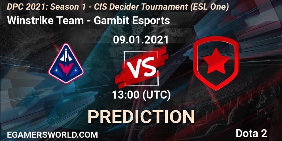 Winstrike Team vs Gambit Esports: Betting TIp, Match Prediction. 09.01.2021 at 13:00. Dota 2, DPC 2021: Season 1 - CIS Decider Tournament (ESL One)