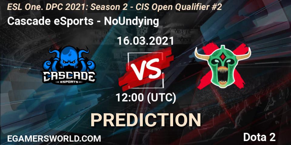 Cascade eSports vs NoUndying: Betting TIp, Match Prediction. 16.03.2021 at 12:36. Dota 2, ESL One. DPC 2021: Season 2 - CIS Open Qualifier #2