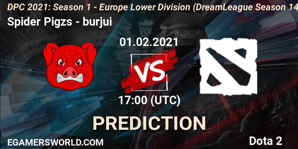 Spider Pigzs vs burjui: Betting TIp, Match Prediction. 01.02.2021 at 17:33. Dota 2, DPC 2021: Season 1 - Europe Lower Division (DreamLeague Season 14)