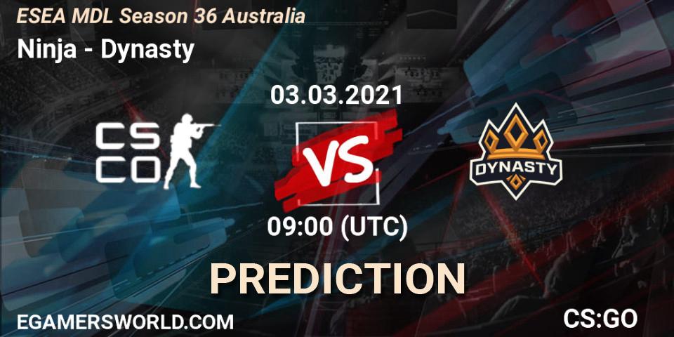 Ninja vs Dynasty: Betting TIp, Match Prediction. 03.03.2021 at 09:00. Counter-Strike (CS2), MDL ESEA Season 36: Australia - Premier Division