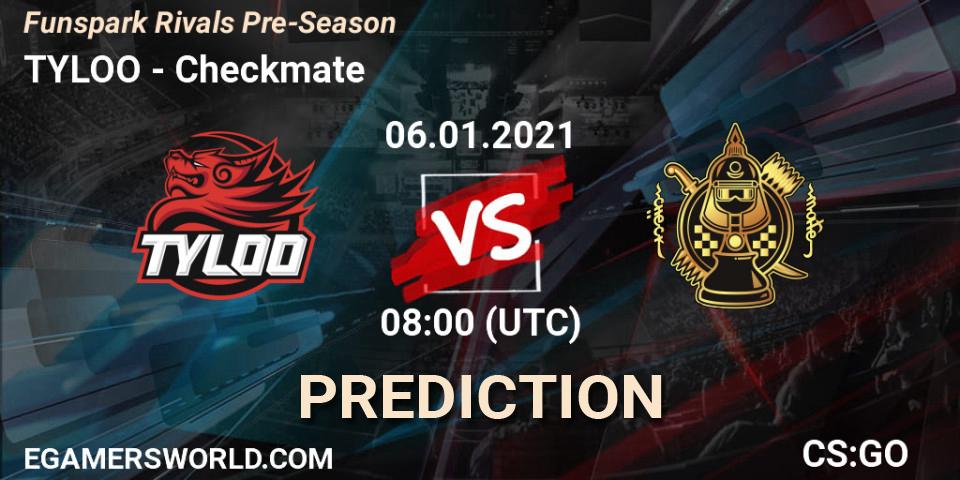 TYLOO vs Checkmate: Betting TIp, Match Prediction. 06.01.2021 at 08:00. Counter-Strike (CS2), Funspark Rivals Pre-Season