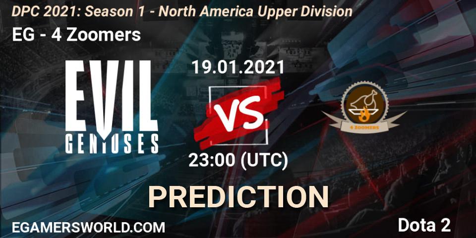 EG vs 4 Zoomers: Betting TIp, Match Prediction. 19.01.2021 at 23:00. Dota 2, DPC 2021: Season 1 - North America Upper Division