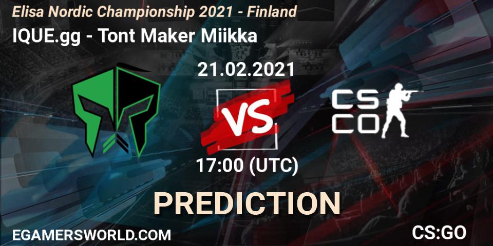 IQUE.gg vs Tont Maker Miikka: Betting TIp, Match Prediction. 21.02.2021 at 17:00. Counter-Strike (CS2), Elisa Nordic Championship 2021 - Finland