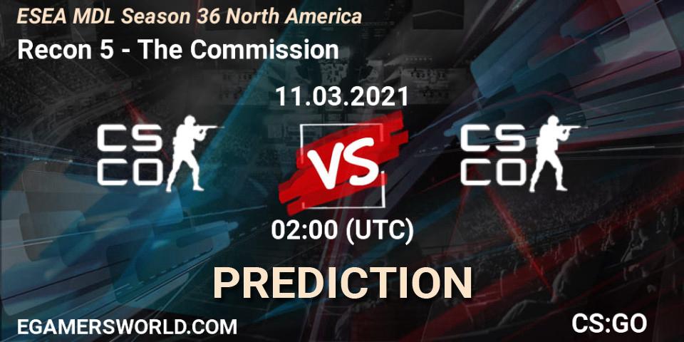 Recon 5 vs The Commission: Betting TIp, Match Prediction. 22.03.2021 at 01:00. Counter-Strike (CS2), MDL ESEA Season 36: North America - Premier Division