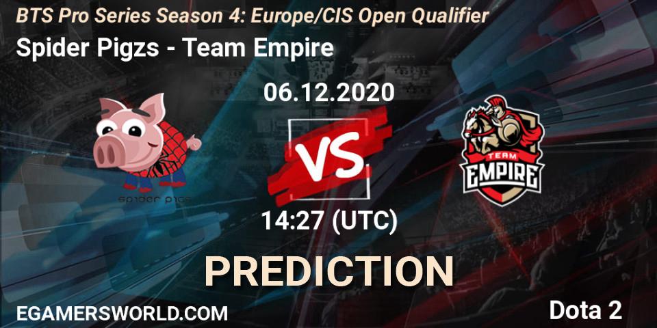 Spider Pigzs vs Team Empire: Betting TIp, Match Prediction. 06.12.2020 at 14:26. Dota 2, BTS Pro Series Season 4: Europe/CIS Open Qualifier