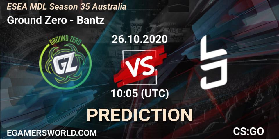 Ground Zero vs Bantz: Betting TIp, Match Prediction. 27.10.2020 at 08:05. Counter-Strike (CS2), ESEA MDL Season 35 Australia
