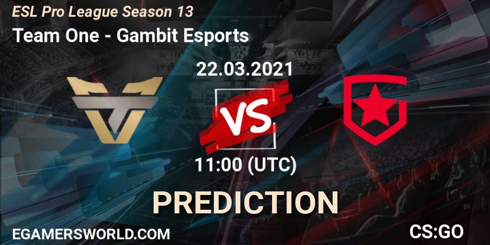Team One vs Gambit Esports: Betting TIp, Match Prediction. 22.03.2021 at 11:00. Counter-Strike (CS2), ESL Pro League Season 13