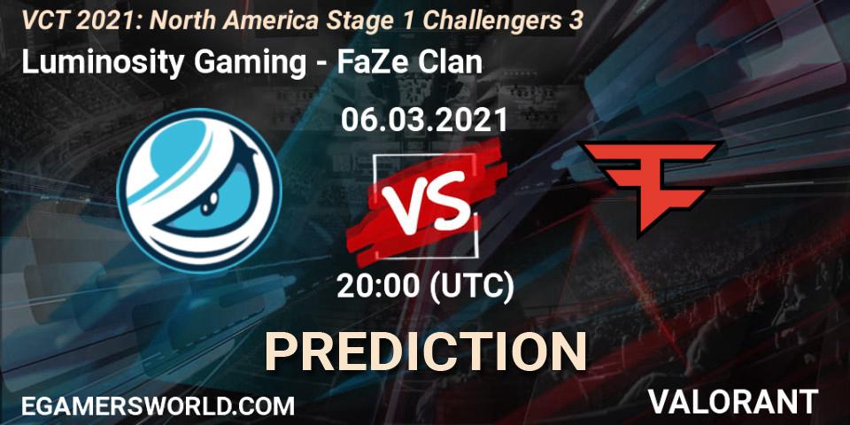 Luminosity Gaming vs FaZe Clan: Betting TIp, Match Prediction. 06.03.2021 at 20:00. VALORANT, VCT 2021: North America Stage 1 Challengers 3
