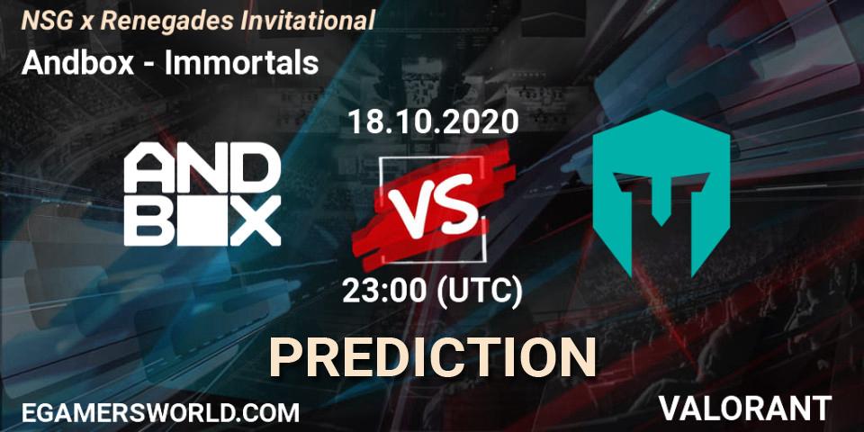 Andbox vs Immortals: Betting TIp, Match Prediction. 18.10.2020 at 23:00. VALORANT, NSG x Renegades Invitational