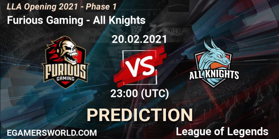 Furious Gaming vs All Knights: Betting TIp, Match Prediction. 21.02.2021 at 01:00. LoL, LLA Opening 2021 - Phase 1