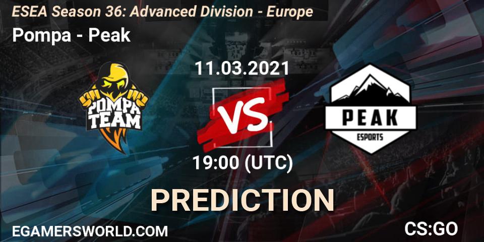 Pompa vs Peak: Betting TIp, Match Prediction. 11.03.2021 at 19:00. Counter-Strike (CS2), ESEA Season 36: Europe - Advanced Division