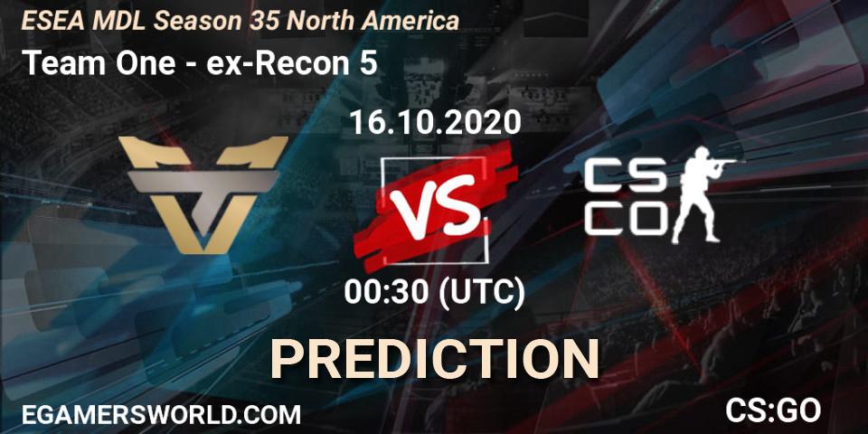 Team One vs ex-Recon 5: Betting TIp, Match Prediction. 30.10.2020 at 00:30. Counter-Strike (CS2), ESEA MDL Season 35 North America
