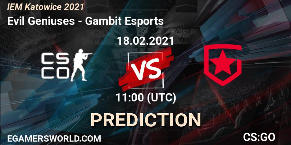 Evil Geniuses vs Gambit Esports: Betting TIp, Match Prediction. 18.02.2021 at 11:00. Counter-Strike (CS2), IEM Katowice 2021