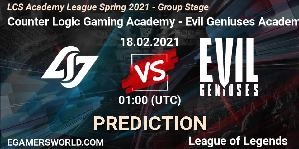 Counter Logic Gaming Academy vs Evil Geniuses Academy: Betting TIp, Match Prediction. 18.02.2021 at 01:00. LoL, LCS Academy League Spring 2021 - Group Stage
