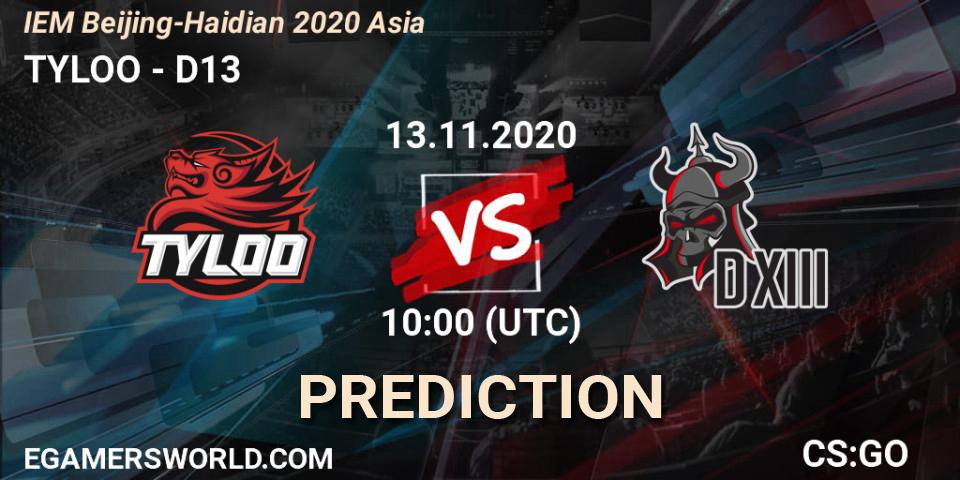TYLOO vs D13: Betting TIp, Match Prediction. 13.11.20. CS2 (CS:GO), IEM Beijing-Haidian 2020 Asia
