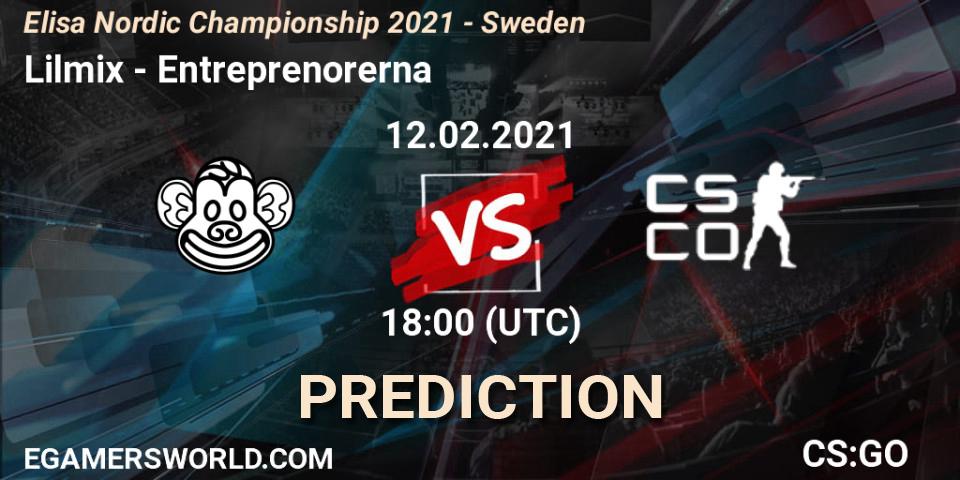 Lilmix vs Entreprenorerna: Betting TIp, Match Prediction. 12.02.2021 at 18:00. Counter-Strike (CS2), Elisa Nordic Championship 2021 - Sweden