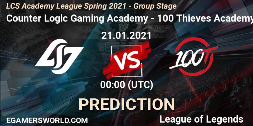 Counter Logic Gaming Academy vs 100 Thieves Academy: Betting TIp, Match Prediction. 21.01.2021 at 00:00. LoL, LCS Academy League Spring 2021 - Group Stage
