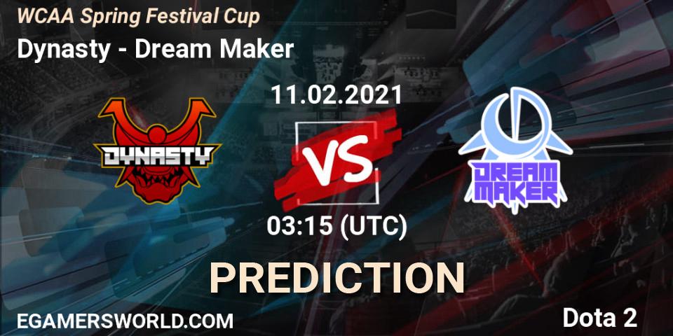 Dynasty vs Dream Maker: Betting TIp, Match Prediction. 11.02.2021 at 03:38. Dota 2, WCAA Spring Festival Cup