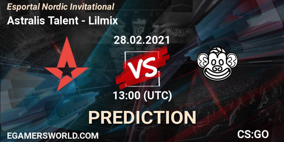 Astralis Talent vs Lilmix: Betting TIp, Match Prediction. 28.02.2021 at 13:05. Counter-Strike (CS2), Esportal Nordic Invitational